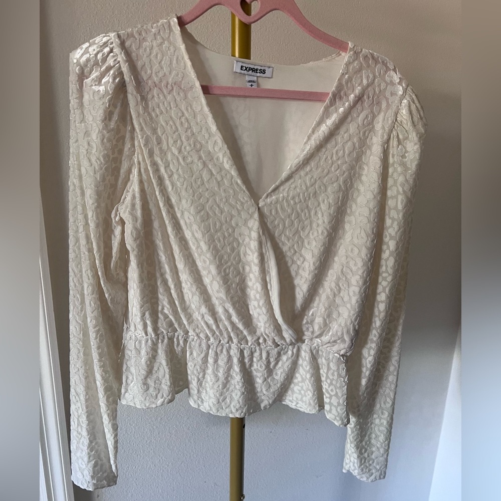 Express Leopard Print Ivory Velvet Textured Long Sleeve Blouse Women SMALL EUC